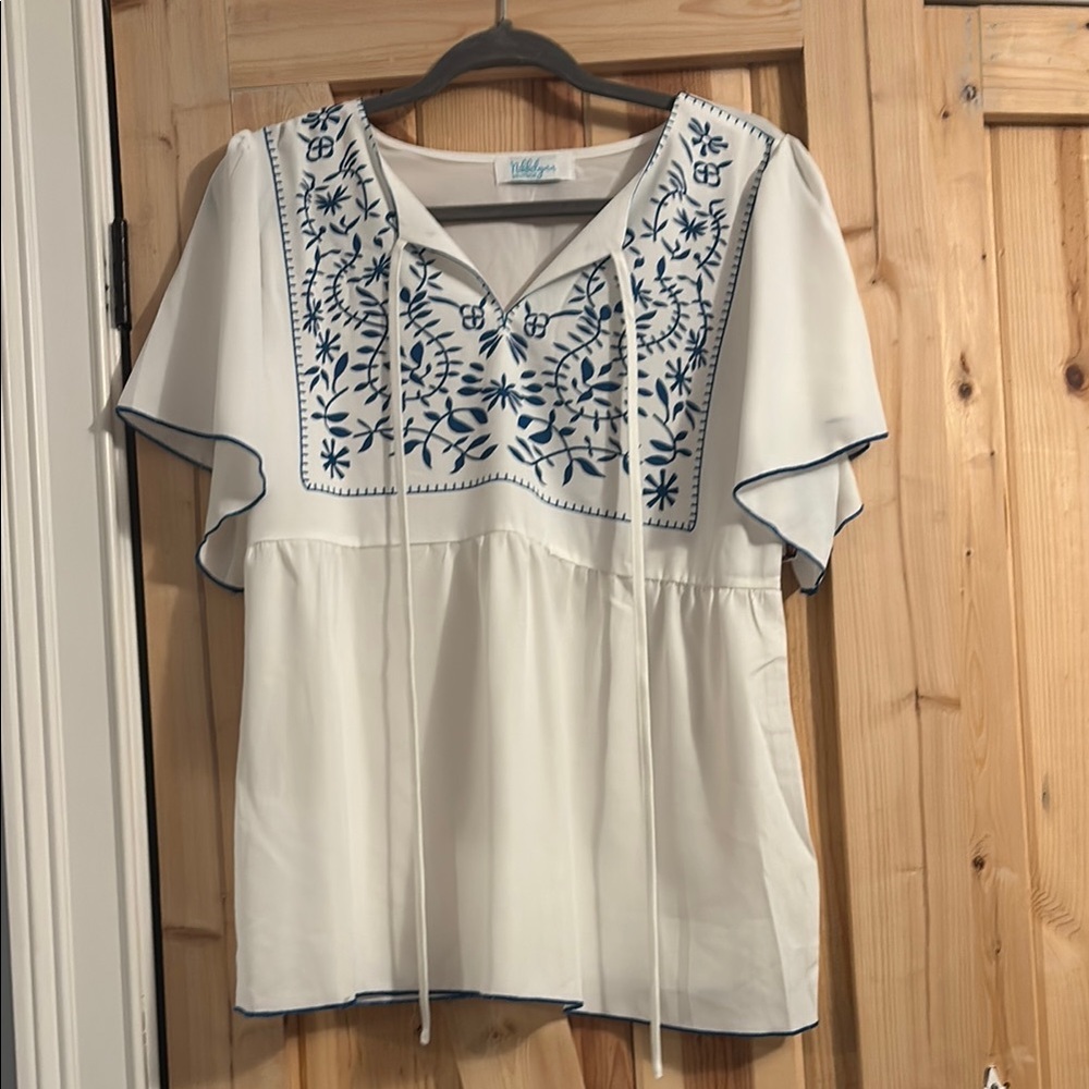 White and Blue Embroidered Women's Top